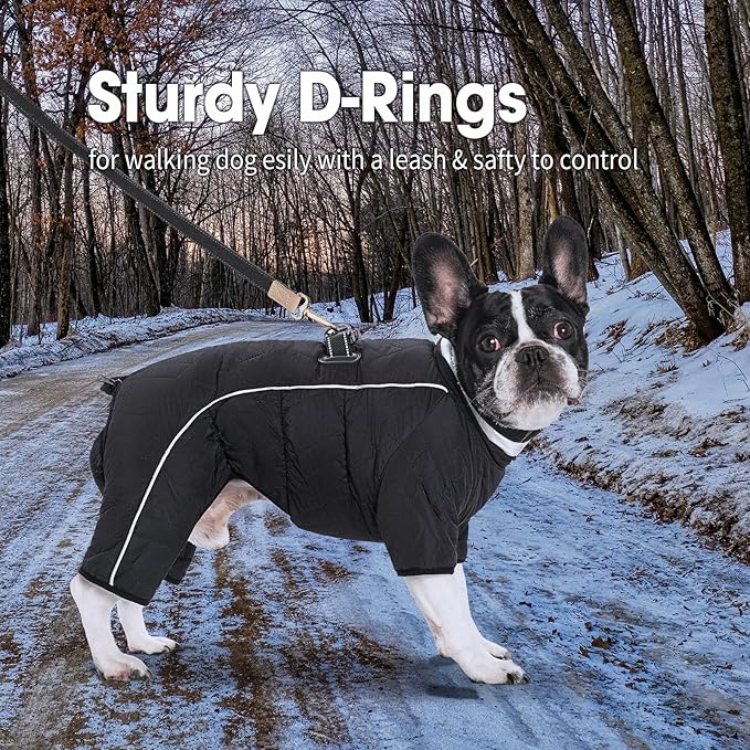 Four Legged Dog Winter Coat for Small Dogs, Warm Puppy Onesie Clothes Christmas, Reflective Turtleneck Dog Jacket with Buckles & D-Rings, Puffer Cold Weather Coat Zipper