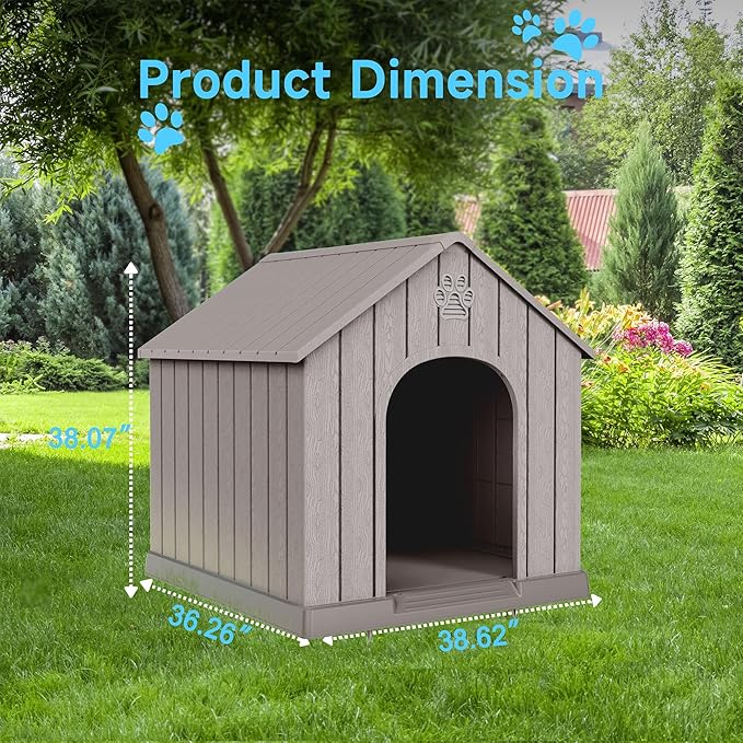 EasyUp Dog House Outdoor Indoor,Dog Kennel Weatherproof Resin Shelter with Air Vents and Elevated Floor for Small Medium Large Dogs,Easy Clean and Assemble(38.62 * 36.26 * 38.07in,Coffee)
