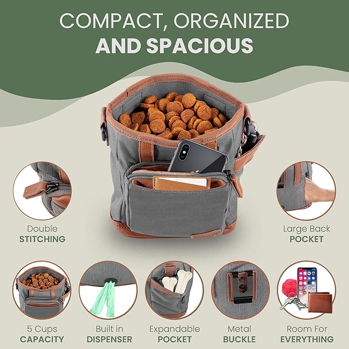 BEAU&FUR Large Dog Treat Pouch with Clicker for Training – 4 Cup Capacity, Built-In Poop Bag Dispenser, Expandable Pocket, Metal Buckle, Large Back Pocket, Ideal Design for Walks and Training – Grey