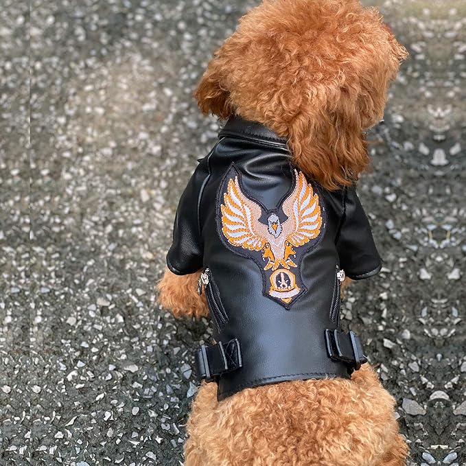 Lovelonglong Cool Dog Leather Jacket, Warm Coats Dogs Windproof Cold Weather Coats for Large Medium Small Dogs with Eagle Embroidery Black S