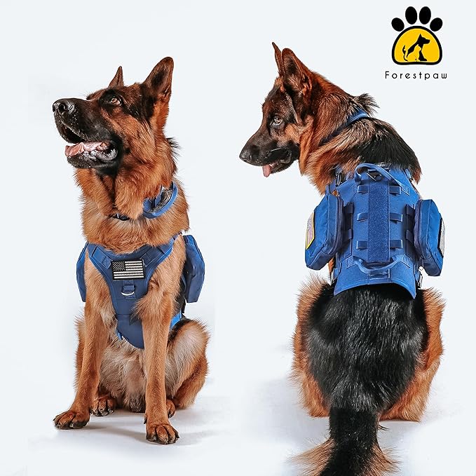 Forestpaw Dog Harness Medium Sized,Tactical Dog Harness with Handle,No Pull Military Style Service Dog Vest with Pockets Adjustable for Medium Large Dogs,Blue,Chest 21.5-45"