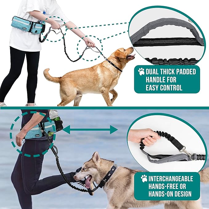 PetAmi Hands Free Dog Leash, Dog Running Leash Belt Bag for Walking, Jogging, Dog Waist Double Zipper Pouch with Poop Bag Dispenser, Dual Padded Handles Reflective Bungee Leash, Single (Turquoise)