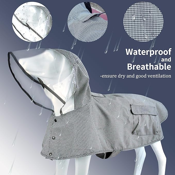 Waterproof Dog Raincoat, Adjustable Reflective Lightweight Pet Rain Clothes with Poncho Hood(Large,Black&White)