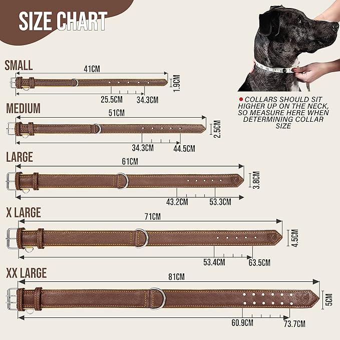 Riparo Adjustable Leather Dog Collar - Heavy Duty Wide Dog Collar for Small, Medium, Large and Extra Large Dogs with Dog Tag Holder (XXL: 2” Wide for 24”-29” Neck, Brown)