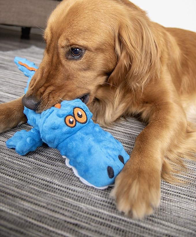 goDog Gators Squeaky Plush Dog Toy with Chew Guard Technology, Durable Fabric & Squeaker for Active Play, Blue, Large
