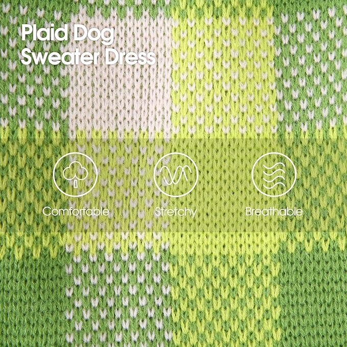 Dog Sweater Dress Plaid Knitwear for Small Medium Dogs Warm Puppy Pet Turtleneck Stretch Pullover Cute Fall Winter Vest Clothes with Leash Hole for Christmas (Green, M)