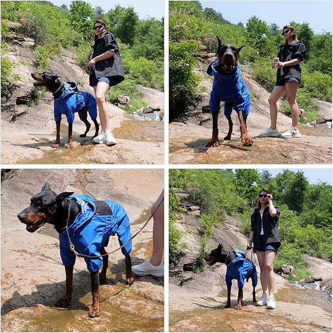 LOVELONGLONG Waterproof Dog Raincoat with Removable Hood – Outdoor Full Body Dog Jacket, Windproof Snowproof Shell Suit – All Season Pet Rain Gear Blue L