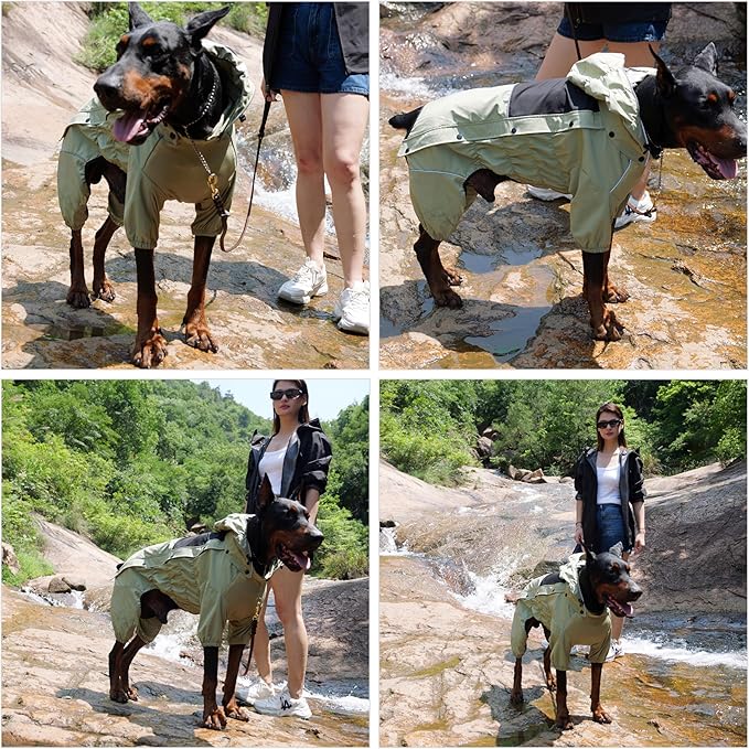 LOVELONGLONG Fleece-Lined Dog Raincoat with Removable Hood – Waterproof Winter Full Body Dog Jacket – Windproof Snowproof Cold-Weather Suit – Green-F 2XL