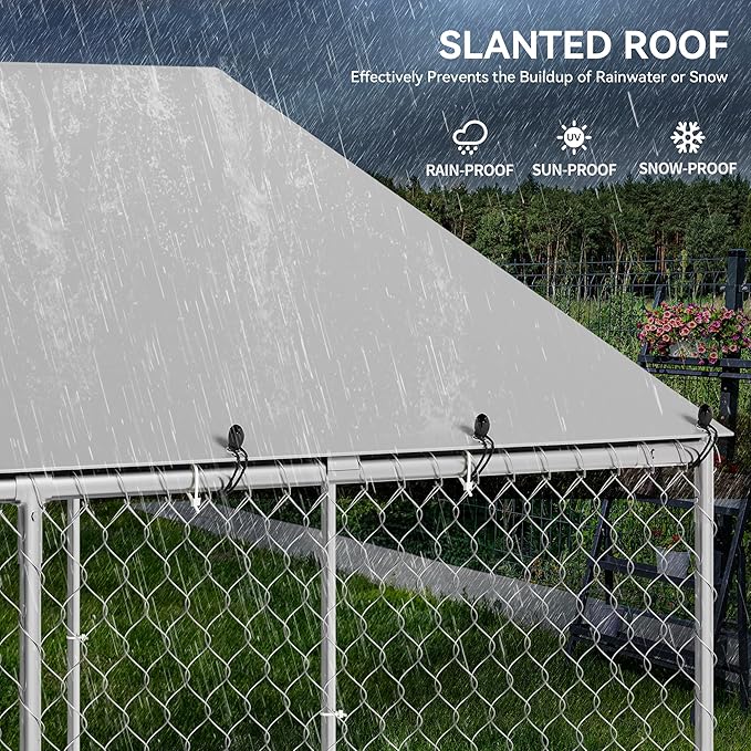 DWVO 14.8'x14.8' Large Outdoor Dog Kennel with Roof, Dog Pens Outside with Metal Dog Gate, Dog House Large Dogs for Yard