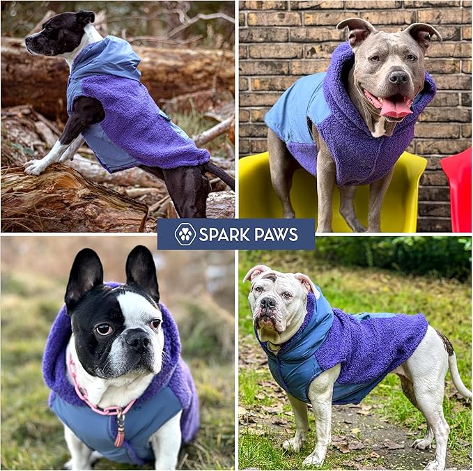 Spark Paws Reversible Dog Sweater, Sherpa Vest with Warm Fleece Lining, Warm Coat for Winter, Suitable for Small Medium, Large, XL XXL Dogs - Purple and Navy Blue - L