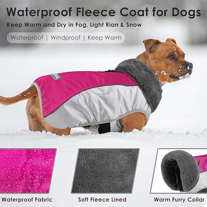 Dog Coat, Waterproof Ripstop Dog Winter Jacket with Leash Hole, Reflective Adjustable Warm Pet Fleece Snow Sweater for Small Medium Large Dogs - Rosy Red, L