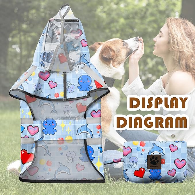 Dog Raincoat, Adjustable Rain Jacket with Hooded Double Layer for Large Medium Small Dogs Puppies, Lightweight Waterproof Rain Coat Poncho with Reflective Stripe Ocean Dolphin Blue,XL