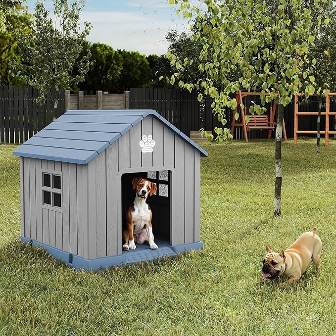 EasyUp Dog House Outdoor Indoor,Dog House Weatherproof Resin Shelter with Air Vents and Elevated Floor for Small Medium Large Dogs,Easy Clean and Assemble(37.8 * 40.87 * 38.82in,Blue)