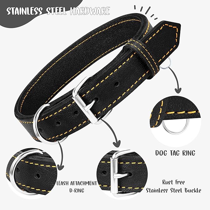 Riparo Dog Collar - Genuine Leather Dog Collars - Heavy Duty Dog Collars for Medium Large and Extra Large Dog Breeds (L: 1.25” Wide for 18” - 22” Neck, Black/Orange Thread)