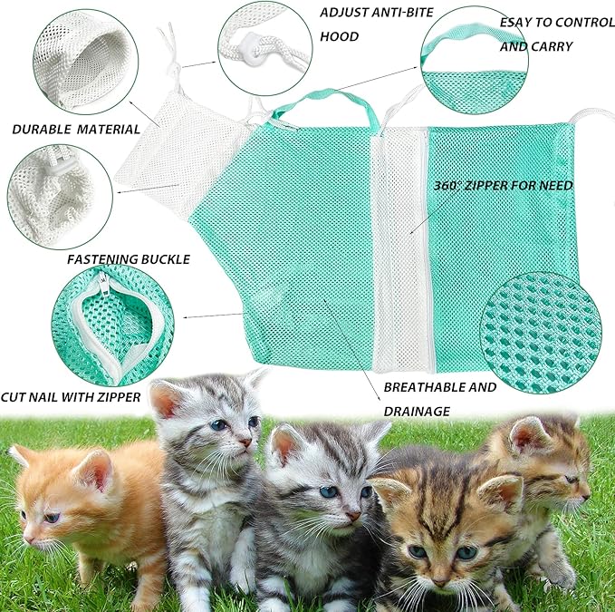 FANOVO Cat Bathing Bag, Cat Shower Net Pet Bag, Cat Grooming Washer Mesh Bag, Adjustable Breathable Multifunctional Anti-Bite and Anti-Scratch Restraint Bag with Pets Nail Clippers for Cat's Bathing