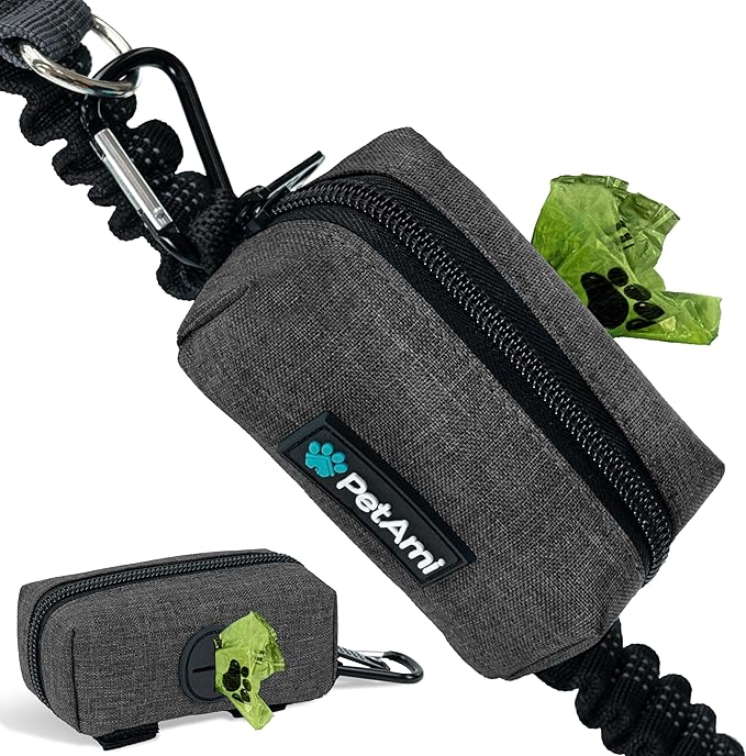 PetAmi Dog Poop Bag Holder for Leash Doggie Waste Bag Dispenser with Clip & Velcro Belt for Puppy Potty Walking Accessories Travel Camping Pet Supplies Zipper Pouch with Trash Bag Roll, Gray 1 Pack