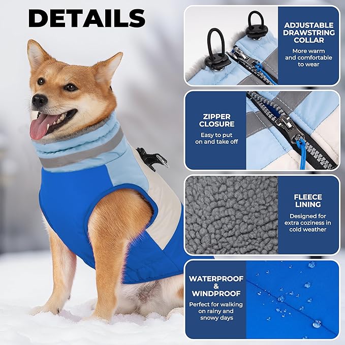 Dog Coats for Large Dogs, Reflective Dog Winter Coat Waterproof Windproof Clothes, Warm Cold Weather Dogs Jacket with Harness Built in Turtleneck Snowsuit, Blue XXX-Large