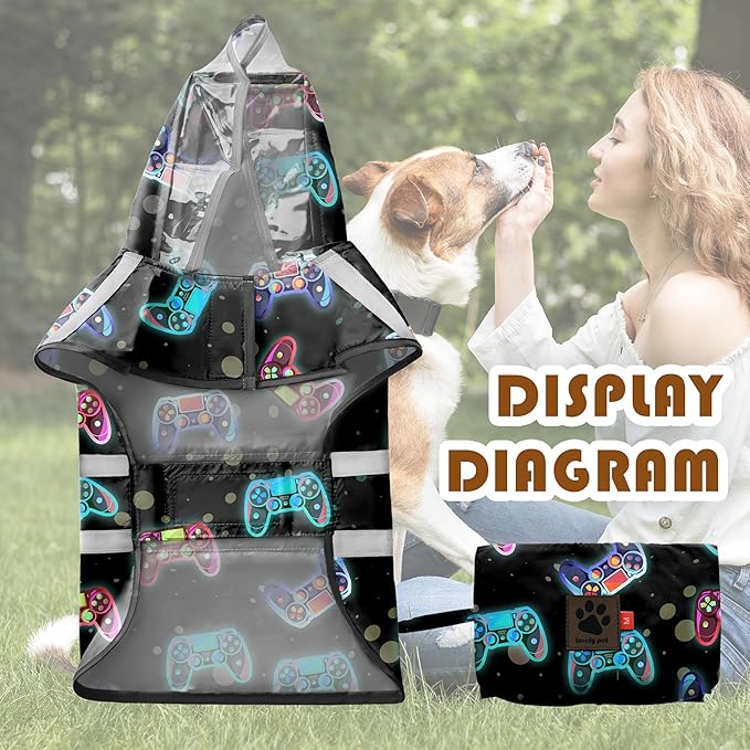 Dog Raincoat, Adjustable Rain Jacket with Hooded Double Layer for Large Medium Small Dogs Puppies, Lightweight Waterproof Rain Coat Poncho with Reflective Stripe Game Controller Black,XL