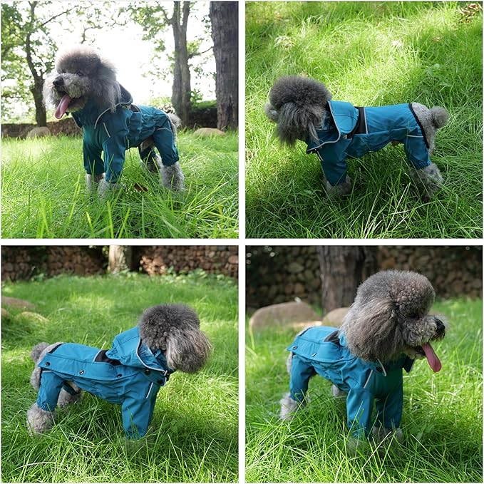 LOVELONGLONG Waterproof Dog Raincoat with Removable Hood – Outdoor Full Body Dog Jacket, Windproof Snowproof Shell Suit – All Season Pet Rain Gear Ocean Teal XL