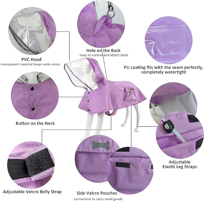 Waterproof Dog Raincoat, Adjustable Reflective Lightweight Pet Rain Clothes with Poncho Hood(Medium, Light Purple)