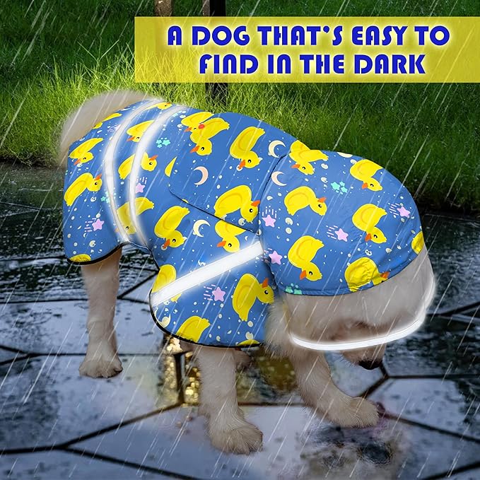 Dog Raincoat, Adjustable Rain Jacket with Hooded Double Layer for Large Medium Small Dogs Puppies, Lightweight Waterproof Rain Coat Poncho with Reflective Stripe Duck Blue,XXL