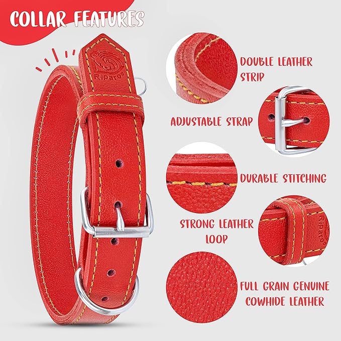 Riparo Dog Collar - Genuine Leather Dog Collars - Heavy Duty Dog Collars for Medium Large and Extra Large Dog Breeds (XL: 1.5” Wide for 22” - 26” Neck, Red)