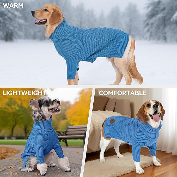 cyeollo 2XL Dog Sweater, Warm Stretchy Sweaters for Large Dogs Boy, Pullover Knitted Thermal Winter Big Dog Clothes with Sleeves, Turtleneck Pet Beagle Border Collie Apparel, Blue XXL
