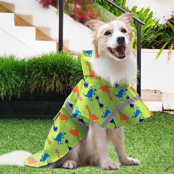 NACOCO Large Dog Raincoat Adjustable - Pet Dinosaurs Water Proof Clothes Lightweight Rain Jacket Poncho Hoodies with Strip Reflective Green (M, Green Dinosaur)