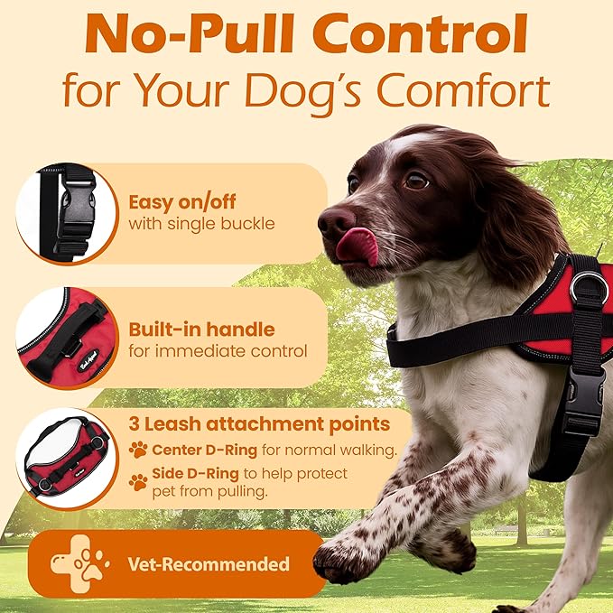 Bark Appeal Red No-Pull Dog Harness for Small to Medium Sized Pets – Adjustable, Reflective Vest with 3 Leash Clips for Added Control, Easy Walks & Training – Medium