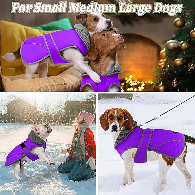 Dogcheer Dog Coat, Waterproof Dog Jacket Reflective Pet Winter Coat with Adjustable Hook & Loop, Christmas Puppy Fleece Jacket Warm Turtleneck Snowsuit for Small Medium Large Dogs - Purple, M
