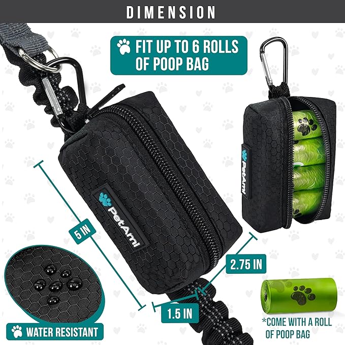 PetAmi Dog Poop Bag Holder for Leash Doggie Waste Bag Dispenser with Clip & Velcro Belt for Puppy Potty Walking Accessories Travel Camping Pet Supplies Zipper Pouch with Trash Bag Roll, Black 1 Pack