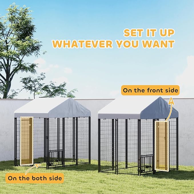 PawHut 6' x 4' x 6' Outdoor Dog Kennel, Welded Wire Dog Kennel Outside Run with 360° Rotating & 4 Level Adjustable Bowls, Waterproof & UV Resistant Cover, for S&M Breeds, Chickens, Ducks, Silver