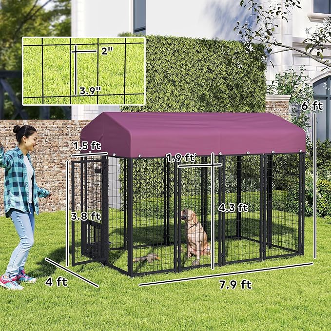 PawHut 8' x 4' x 6' Outdoor Dog Kennel, Welded Wire Dog Kennel Outside Run with 360° Rotating & 4 Level Adjustable Bowls, Waterproof & UV Resistant Cover, for S&M&L Breeds, Chickens, Ducks, Red